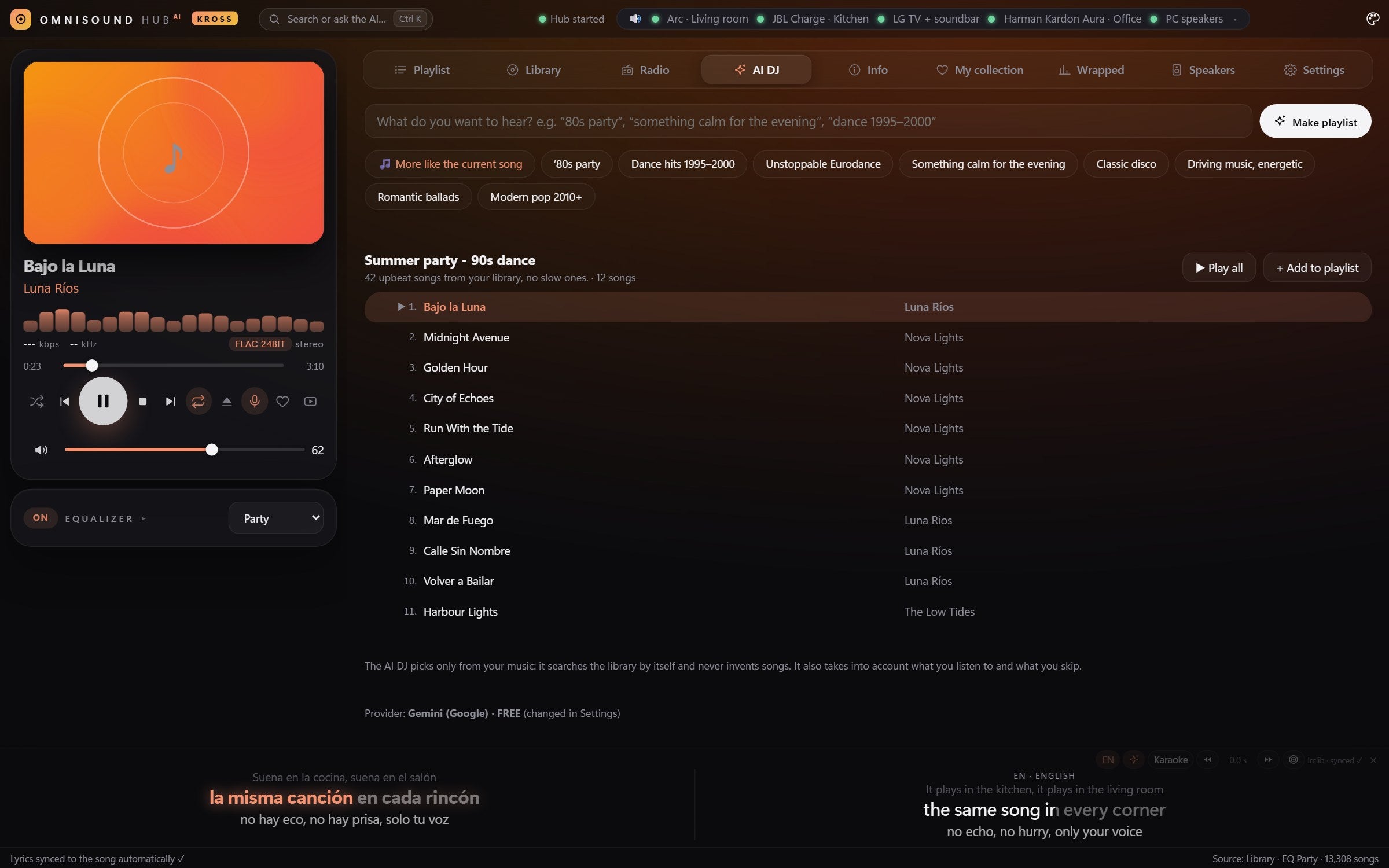 The DJ AI screen with a playlist made from a spoken request