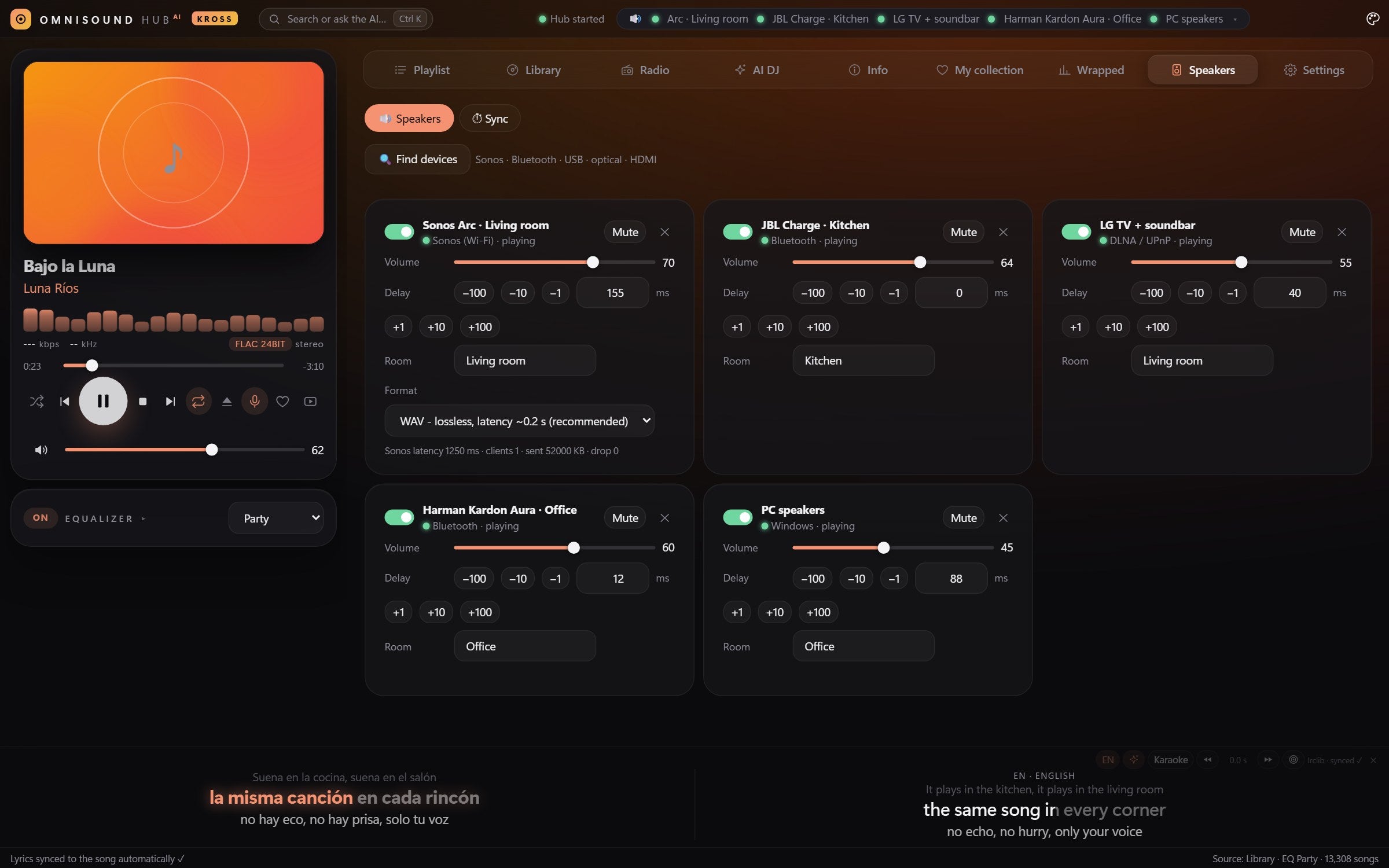 OmniSound playing on five speakers at once: Sonos, JBL, LG TV, Harman Kardon and the PC
