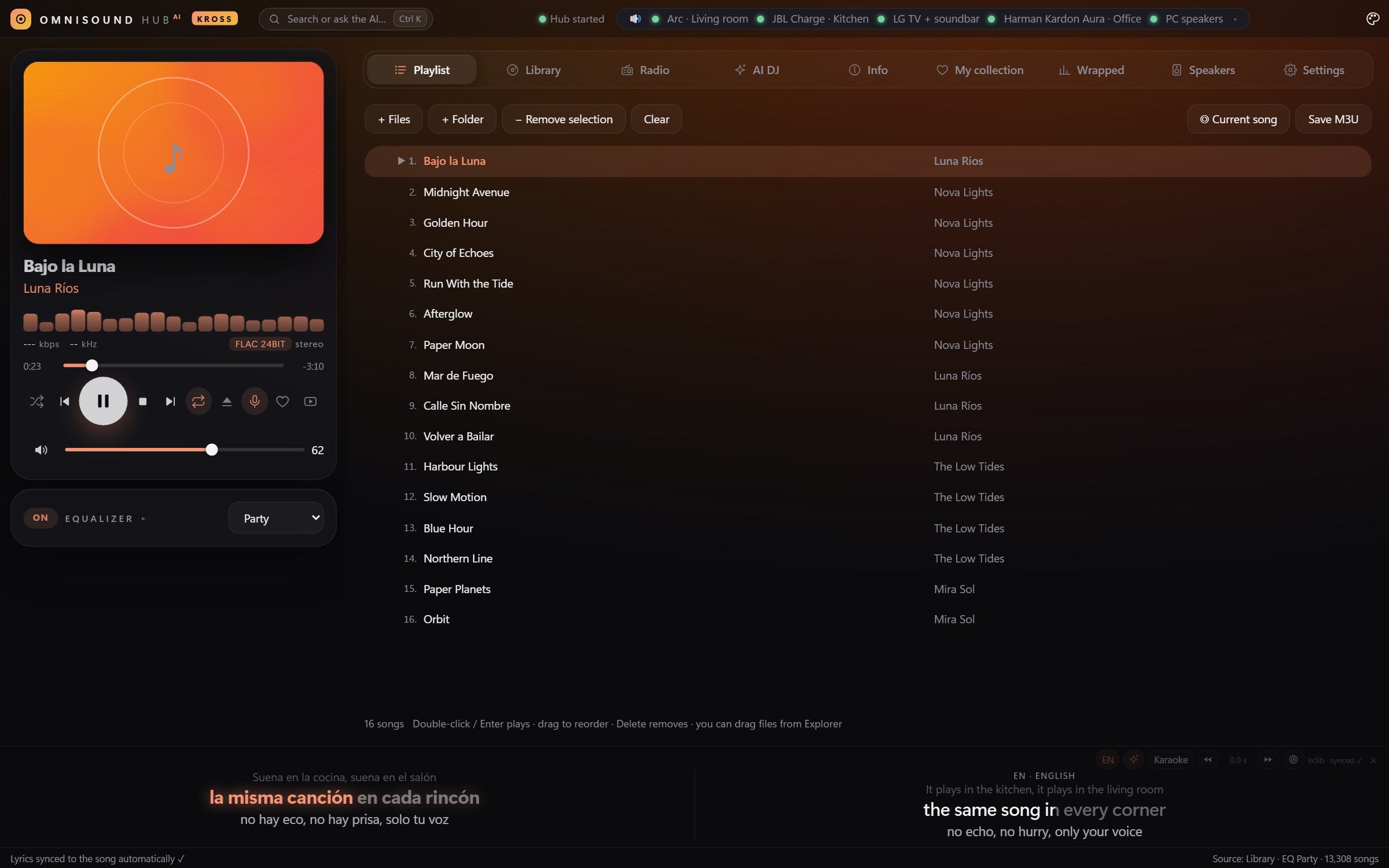 Spanish lyrics with the English AI translation next to them, in time with the song
